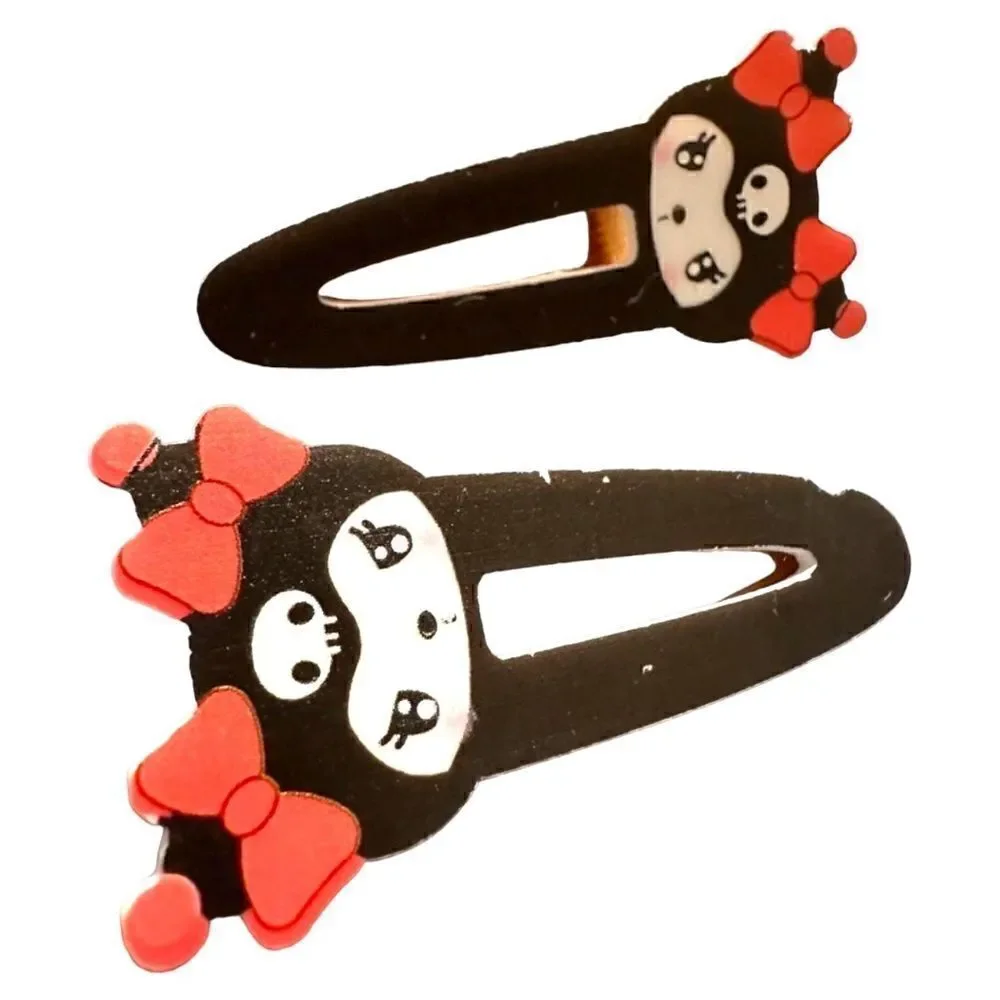 New Sanrio Kuromi Hair Clips 2pcs – Gothic Red Bow Acrylic Barrettes